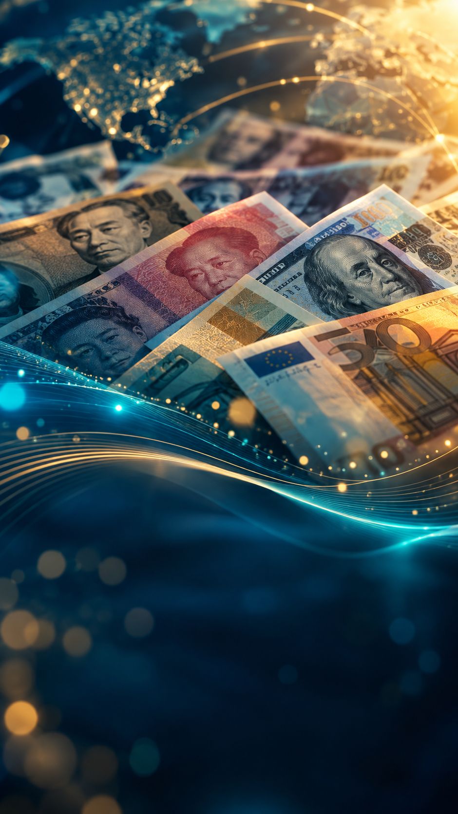 Artful spread of international banknotes with no readable text shallow depth of field