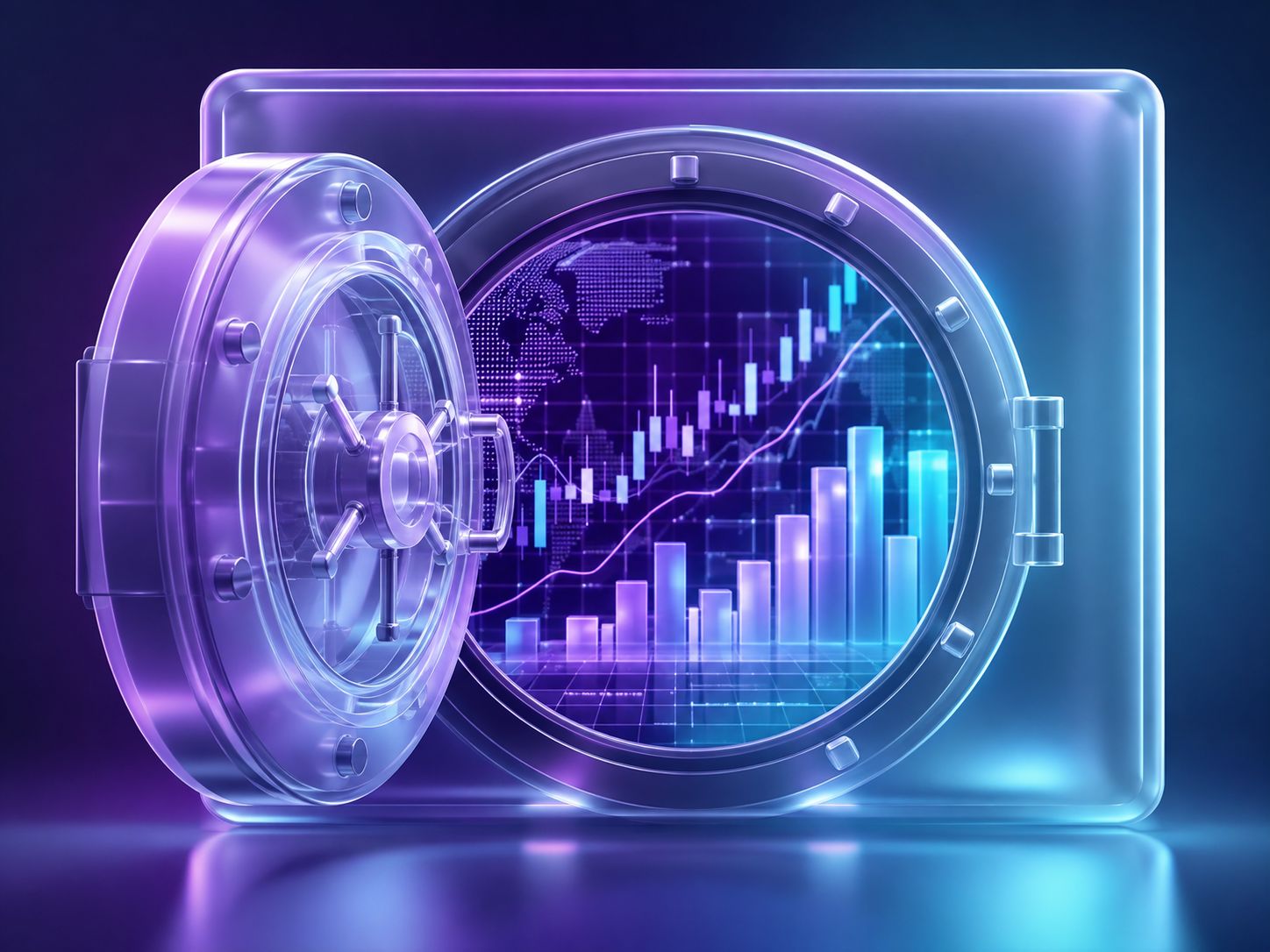 Bank vault door opening to reveal glowing stock charts