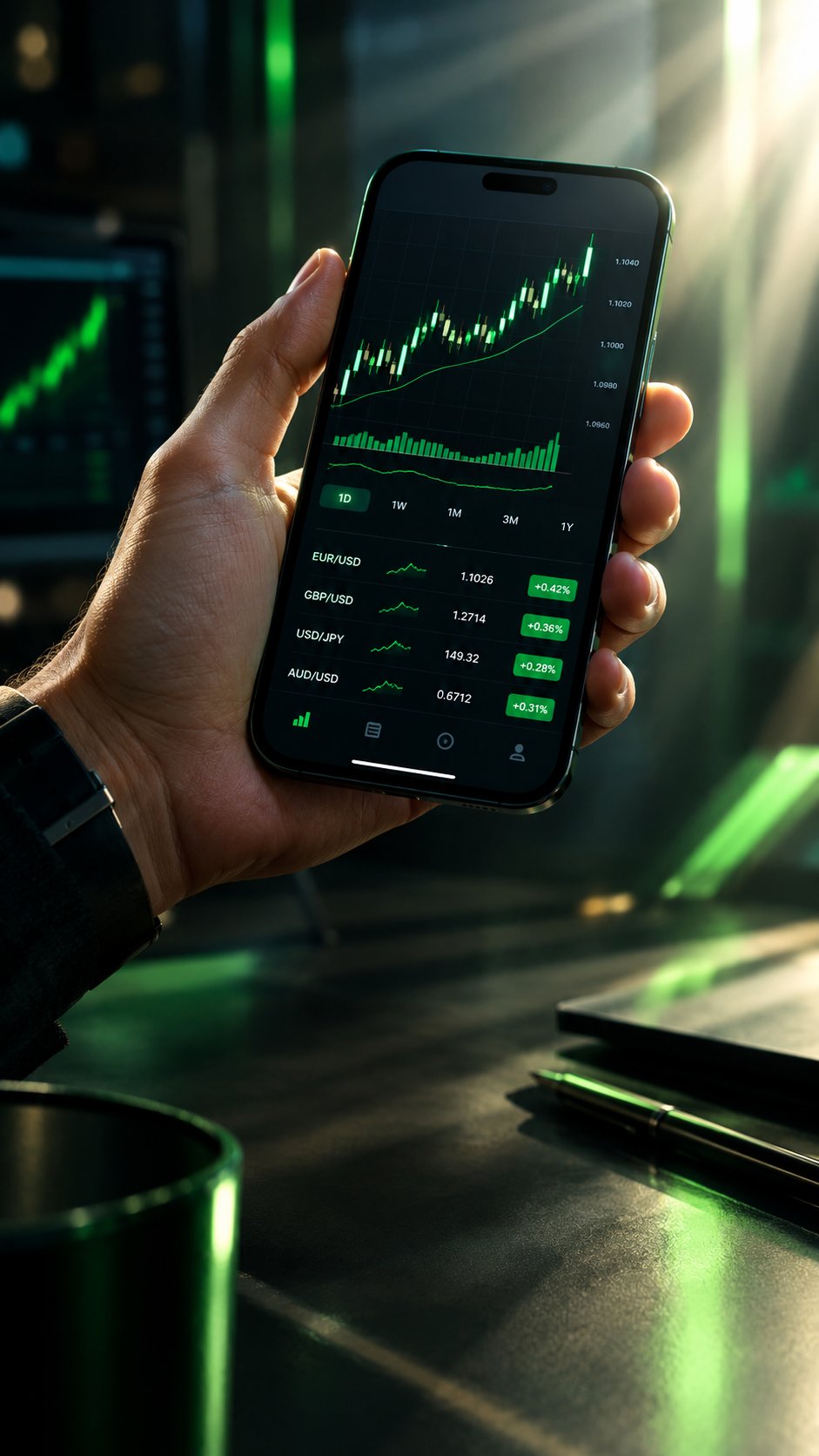 Smartphone showing a clean forex trading interface held in hand